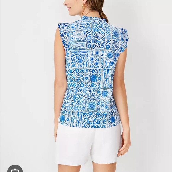 Tiled Mixed Media Ruffle Button Shell - Picture 3 of 7